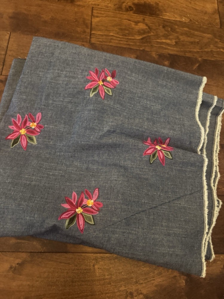 Denim fabric embroidered pink flowers fabric 3 yds x 58″ light blue