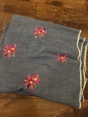 Denim fabric embroidered pink flowers fabric 3 yds x 58″ light blue