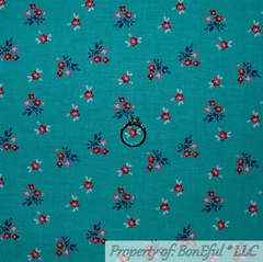 BonEful FABRIC FQ Cotton Quilt VTG Blue Red White Green Leaf Small Flower BOHO S