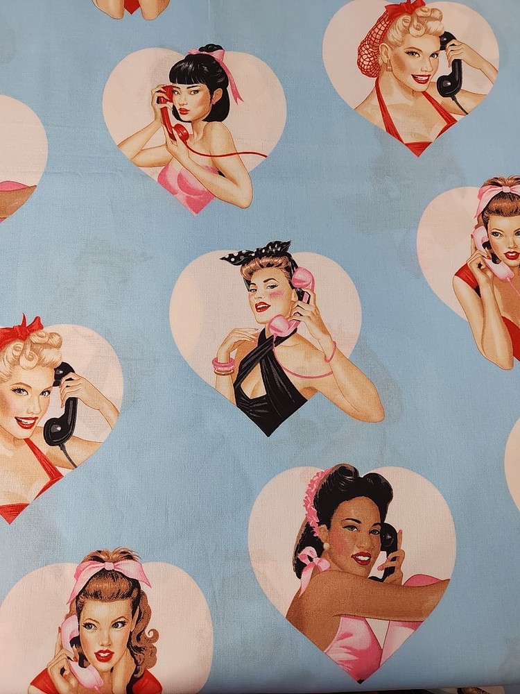 Alexander Henry Fabric Dial L-O-V-E 2021 BLUE 1 Yard Pinup Girls Rockabilly
