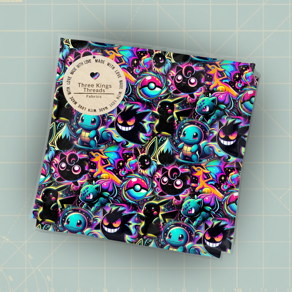 Pokemon NEON Color Cool Custom Print 1 Yard Fabric Seamless Design Approx 59×36