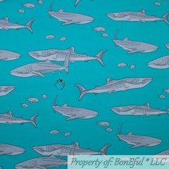BonEful Fabric FQ Cotton Quilt Aqua White Shark Fish Whale Sea World Ocean Beach