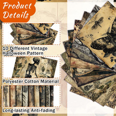 10 Pcs Halloween Gothic Skull Crow Quilting Fabric 20 X 20 Inch | Vintage Skull