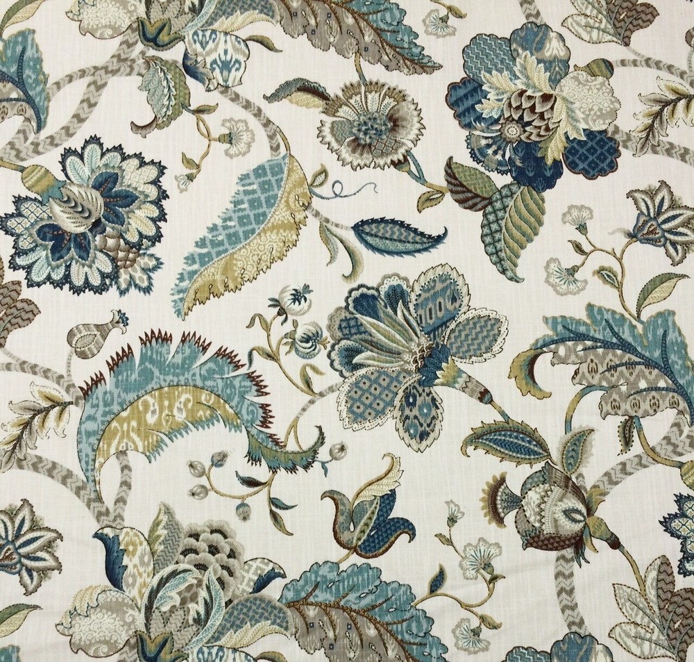 BALLARD DESIGNS COURTNEY PEACOCK BLUE JACOBEAN FLORAL FABRIC BY YARD 54″W