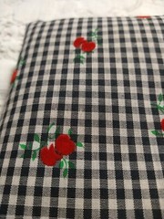 REMNANT Vintage Fabric Flocked Apples/Cherries on Black & Cream Gingham 21″x22″