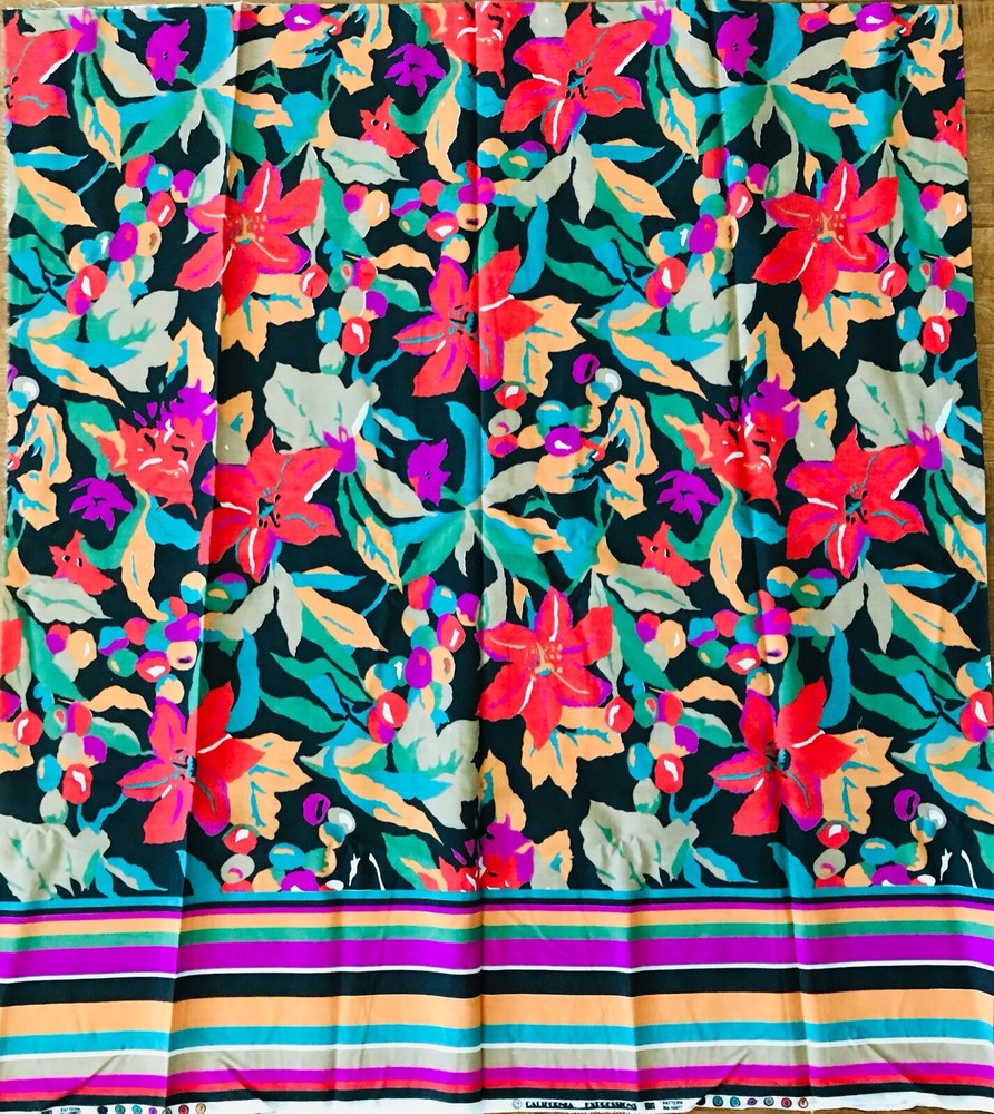 Bright Floral Fabric with Striped Border California Expressions 1981 46″ x 84″