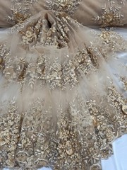 Gold 3d Lace Embroidered 3d Floral Beaded Fabric Sold By The Yard Scalloped