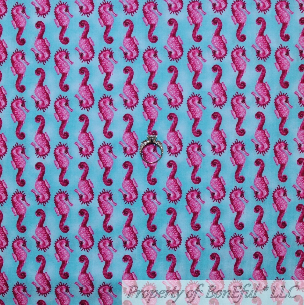 BonEful FABRIC FQ Cotton Quilt Aqua Blue Water Pink Little Sea Horse Fish Stripe