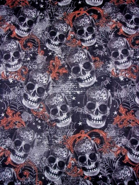 GOTHIC SKULLS SPIDERS AND SPIDER WEBS AND STARS COTTON FABRIC 32″X44″ 7/8 YD