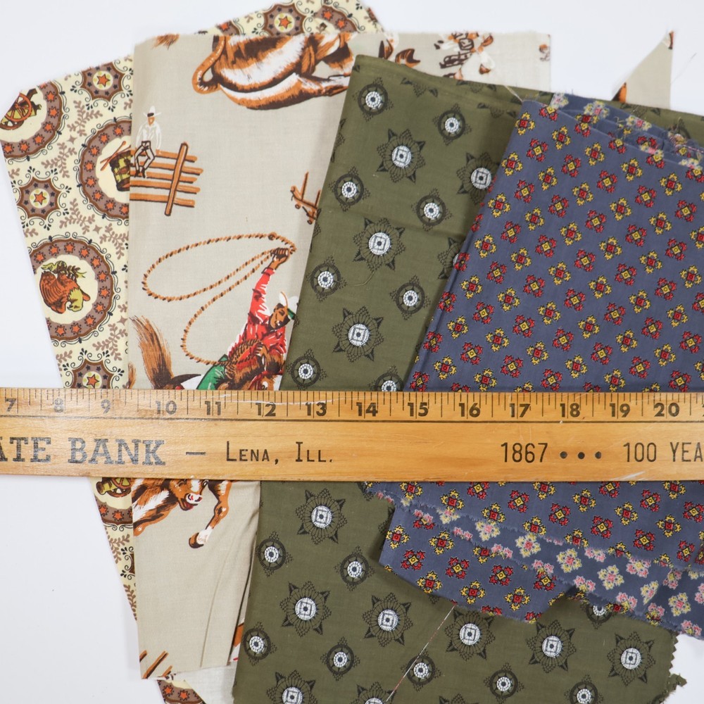 Vtg Fabric LOT Scraps Remnants Floral 1970s 60s Prints Novelty Cowboys Cotton