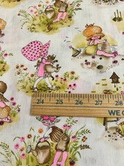 Vtg 70s Manes Cotton Blend Fabric Holly Hobbie Style Girls Pink Orange 2 Yds