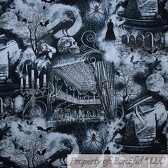 BonEful FABRIC FQ Cotton Quilt Black White B&W Toile Skull Head Skeleton Scenic