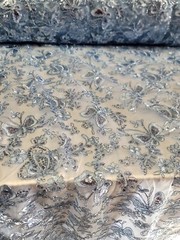 Sky Blue Lace Butterflies Sequin on Mesh Fabric Sold by the Yard Gown Quinceañer