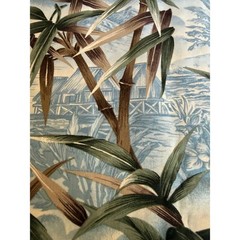 Vintage Hoffman Tropical Scenic Fabric Blue Palm Trees Island Huts 1.5 Yards