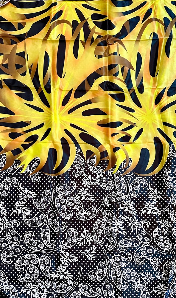 African Print, Satin Fabric- Black, Yellow “Swirl of Ibukun”, Yard or Wholesale