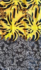 African Print, Satin Fabric- Black, Yellow “Swirl of Ibukun”, Yard or Wholesale
