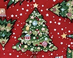 Christmas Trees with Holiday ornaments on red by Makower BTHY Gorgeous details!