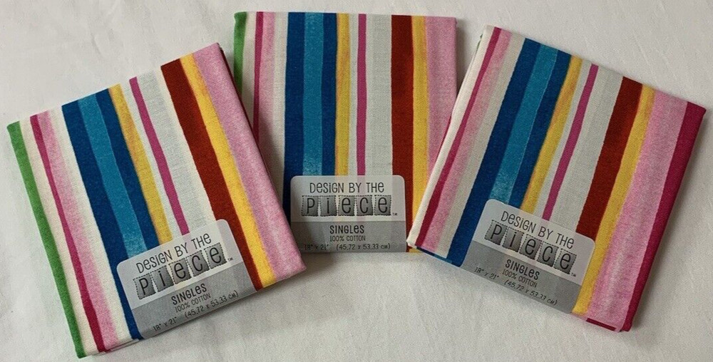 Design By The Piece Fat Quarter Lot Of 3 Pink White Red Blue Yellow Stripes