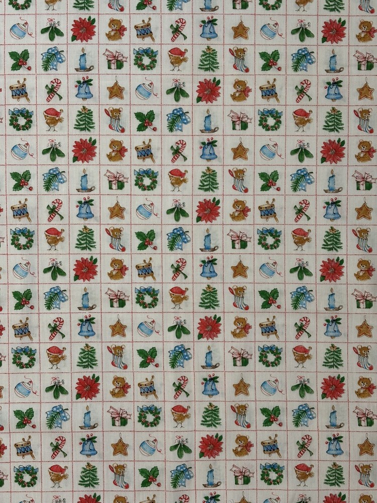 VTG Spring Mills Christmas Baby Animals in Red Blocks Cheater Quilt 2/3 Yard Cut