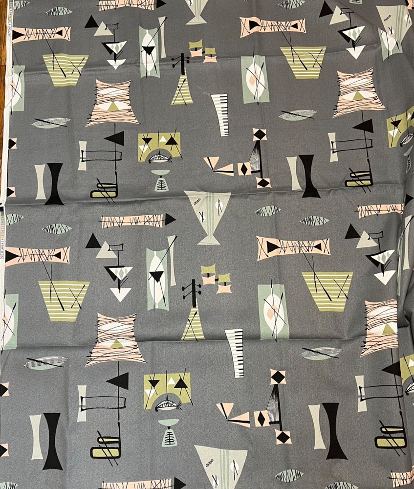 2003 Chris Stone Grey/Pink/Black MCM TIKI MAMBO Barkcloth Fabric, 1-3/4 yds