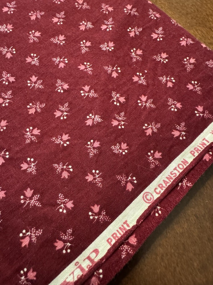 VTG Cranston Cotton Fabric Burgundy Wine Maroon Ditsy Pink Floral BTY Quilt Doll