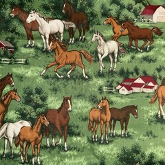 Vintage Cranston Horses on Farm with Barns on Green 100% Cotton ~ By the Yard