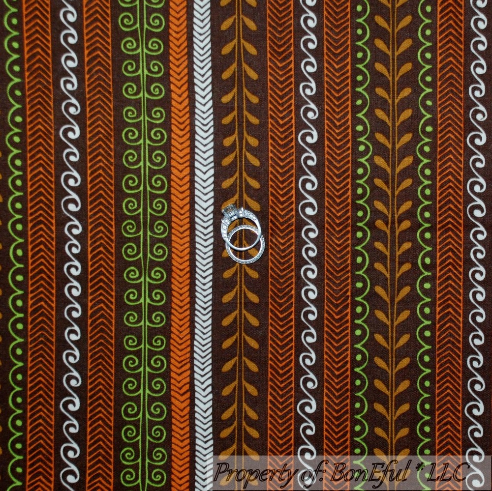 BonEful Fabric FQ Cotton Quilt VTG Brown Orange Green Stripe Calico Leaf Pattern