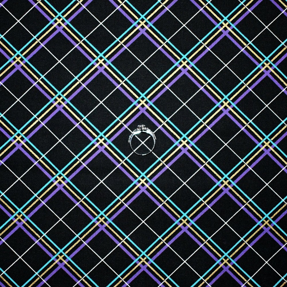 BonEFul Fabric FQ Cotton Quilt Black White B&W Purple Gold Metallic Plaid Stripe