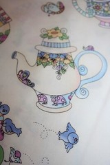 OOP Timeless Treasures TEAPOTS Flowers Birds #5530 on Cream, Rare OOP 2.33 yds