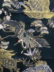 Japanese Cotton Fabric – Gold Cranes & Turtles on Black – HOKKOH – 1 Meter x 45″