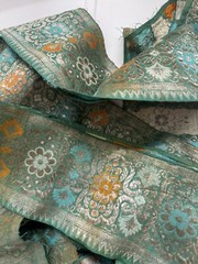 Antique Vintage Jade Green Heavy Silk Brocade Ribbon Silver Metal Thread 5”x 1YD