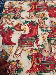 Timeless Treasures Cowboys Christmas Fabirc Boots Hats Gifts Red Rope 2@ 16×19