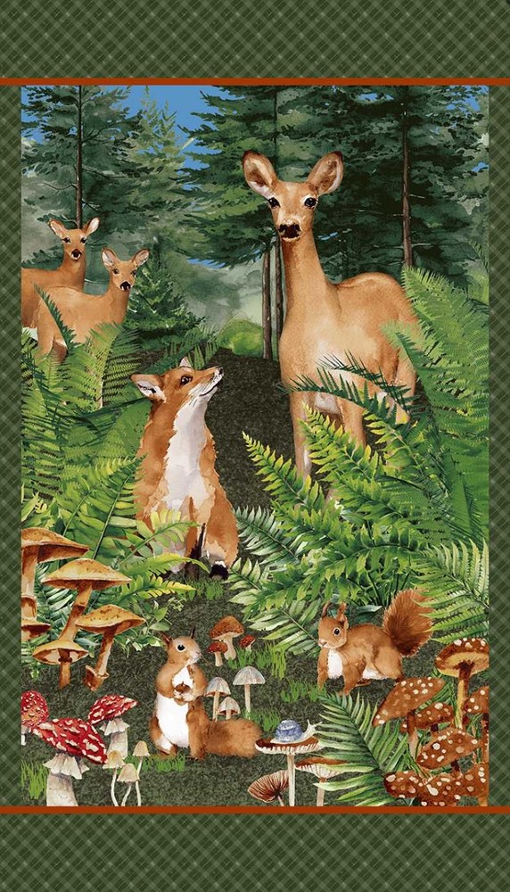 24″ Fabric Panel | Henry Glass Forest Floor Deer Fox Squirrel Nature Scene Green