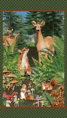 24″ Fabric Panel | Henry Glass Forest Floor Deer Fox Squirrel Nature Scene Green