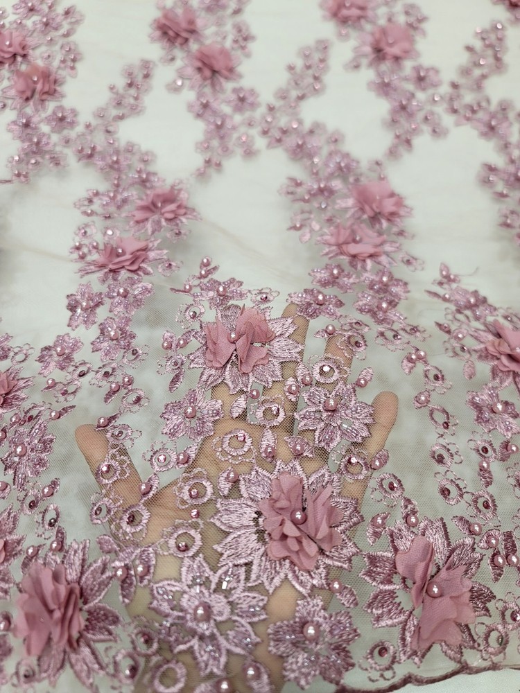 Mauve Lace 3d Floral Design Embroidered Mesh 3d Lace Fabric By The Yard Pearls