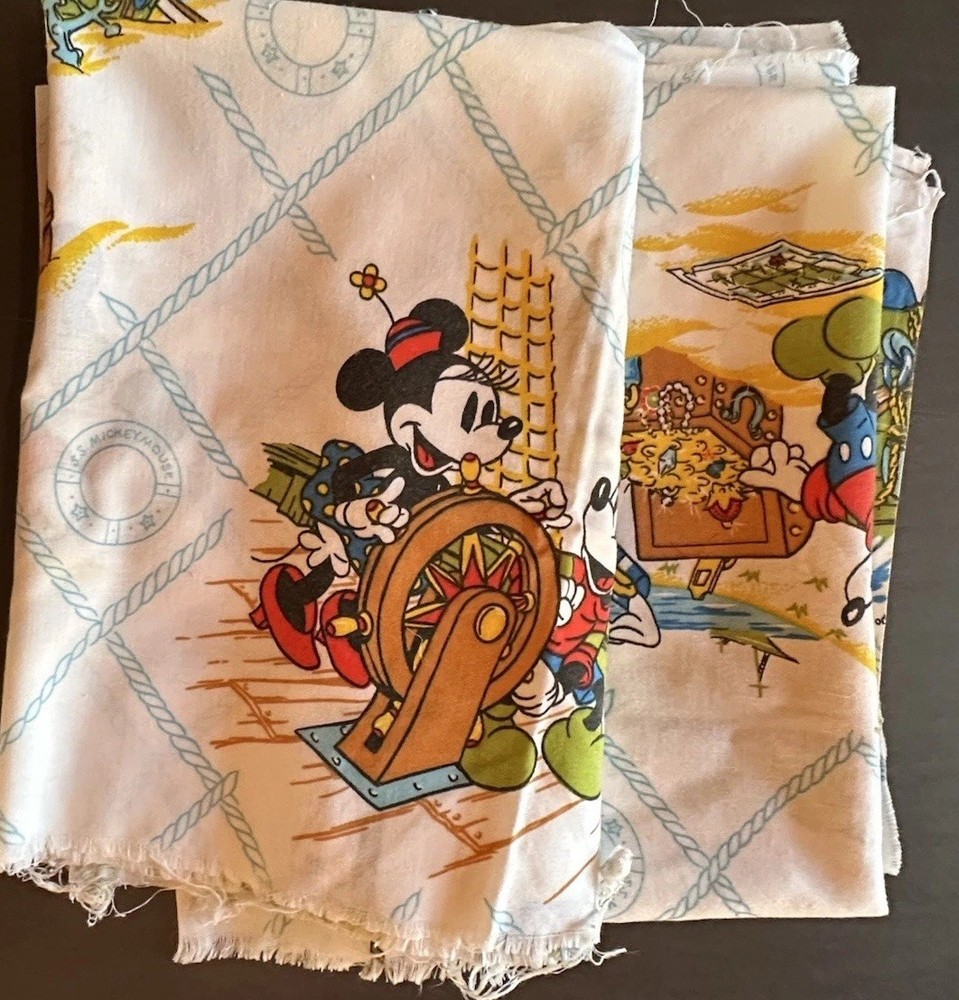 VINTAGE Walt Disney FABRIC Remnants S.S. Mickey Mouse Donald Duck Treasure 1981