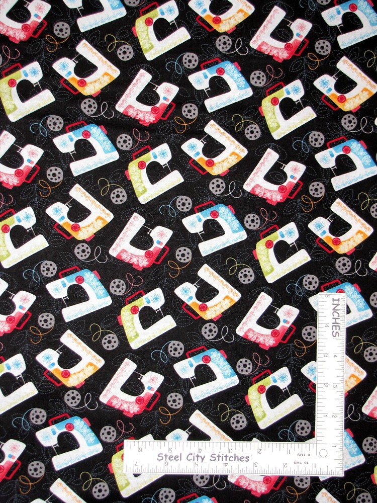 Craft Sew Machine Bobbin Toss Black Fabric By the Yard Cotton Studio E