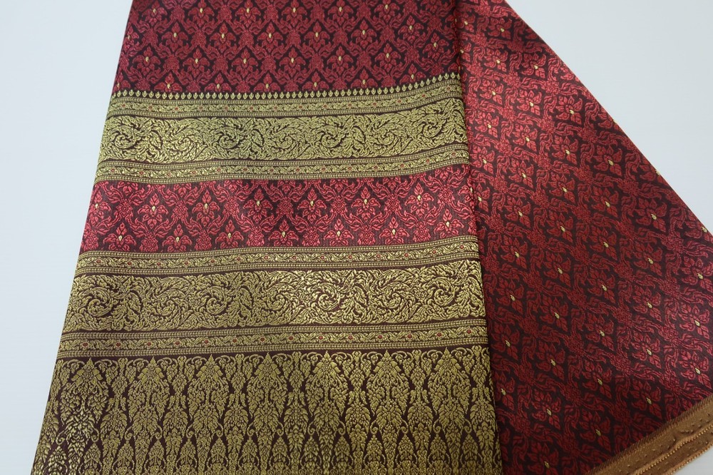 Crimson gold Thai Silk Brocade Faux Silk Fabric 2 Yards