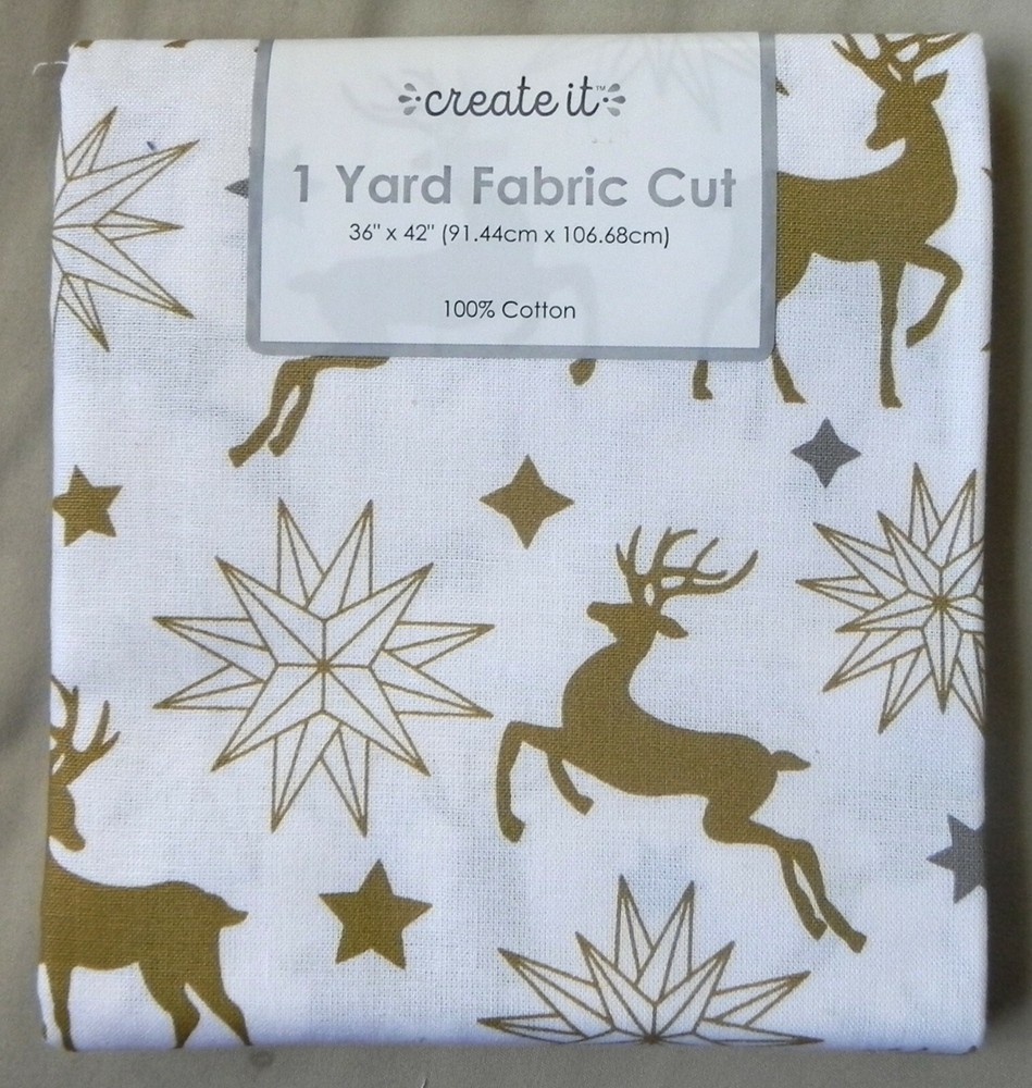 Holiday “1 Yard Fabric Cut” by Create It, Gold Reindeer Stars, 100% Cotton, New