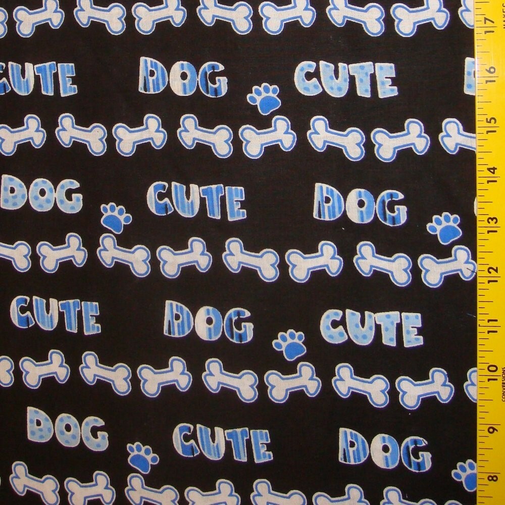 1 Yard 10 Inches Blue Cute Dog Paws Bone Black Cotton Fabric 1 1/4 Yard
