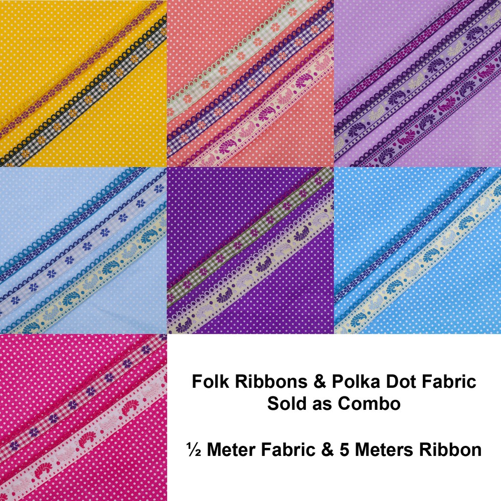 Neotrims Polka Dot Woven Fabric Materail & Decorative Folk Ribbon Combo Set