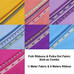 Neotrims Polka Dot Woven Fabric Materail & Decorative Folk Ribbon Combo Set