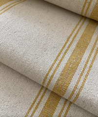 Grain Sack | Feed Sack Fabric | Mustard 5 Stripe | Beige Background | 54″ Wide