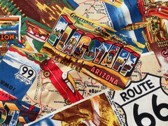 Route 66 Travel Map Destination Postcards Roadtrip Cotton Fabric by Moda 1.5 yds