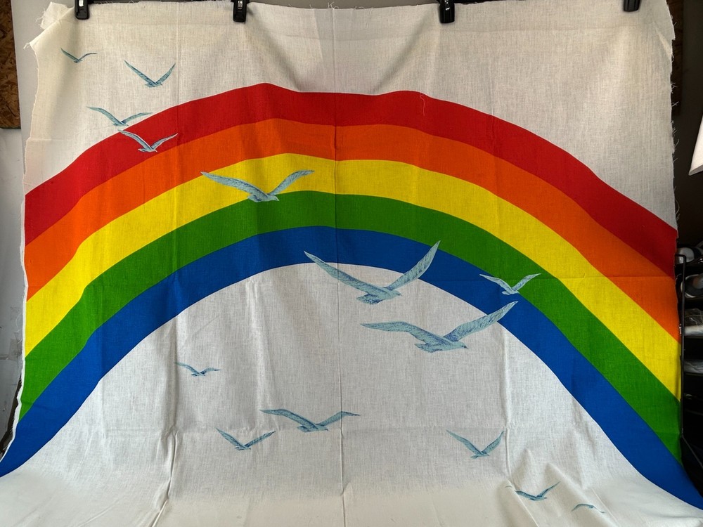 Rainbow w/ Seagulls Birds Fabric Panel Wall Hanging White Background 44″ x 54″