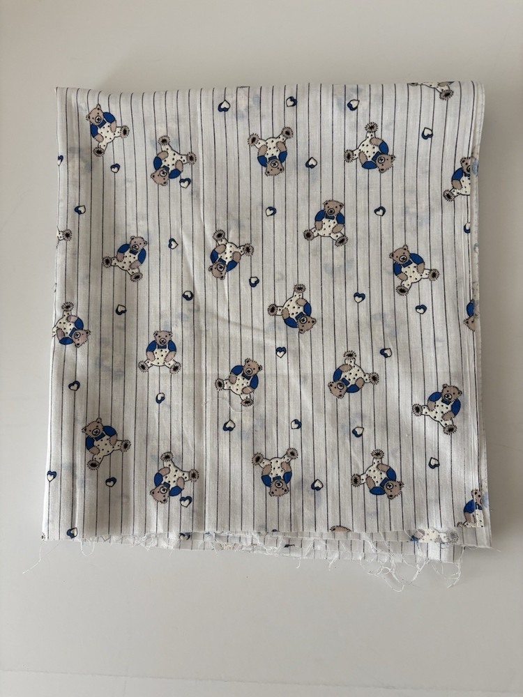 Vintage Fabric Teddy Bears with Overalls on White Black Pinstripe Hearts 45×48