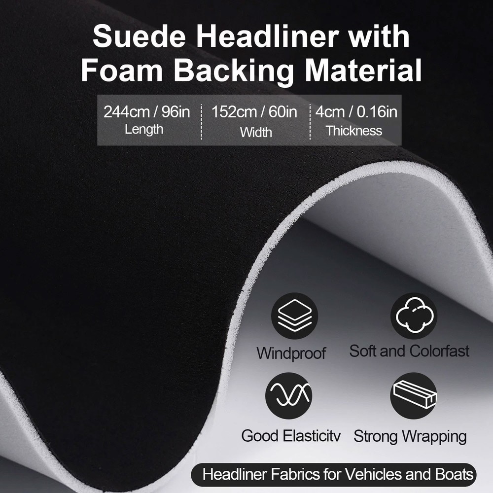96” Suede Headliner Fabric 60″W Car Roof Liner Replacement Foam Back Black US
