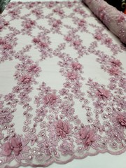 Mauve Lace 3d Floral Design Embroidered Mesh 3d Lace Fabric By The Yard Pearls