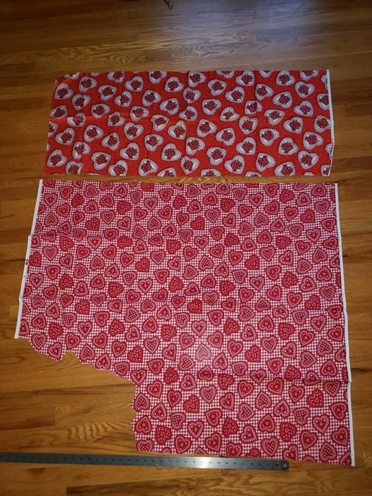 2 X Red Hearts Fabric 1 Yard Minus Piece Cutout On One, 1/2 Yard On Other