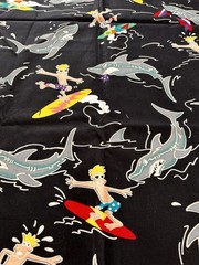 Alexander Henry Vintage Cotton Fabric 1 Yd Black Shark Surfer Print Quilting